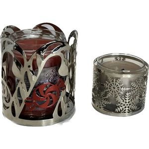 YANKEE CANDY CANE + Christmas Bath & Body Works Snowflake Candle Holder Set Of 2
